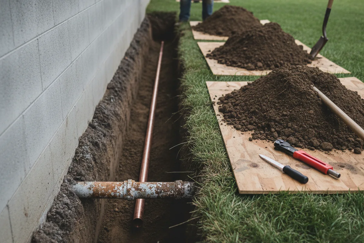 Excavated water line trench during Water Softener Installation in Linden